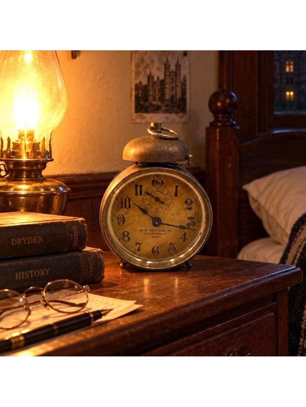 Antique c.1900 American Alarm Clock, W.H. Safford Jr. Nickel Case & Bell
